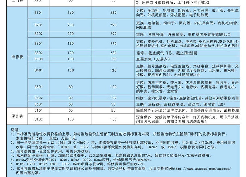 奥克斯空调安装收费标准价格表,奥克斯空调保