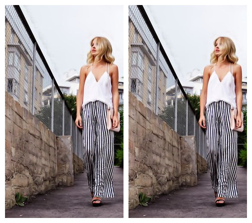 条纹裤子配什么上衣搭配图片女 个性条纹裤子穿搭示范